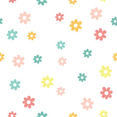 Simple cute vector pattern with colorful hand drawn flowers on white background