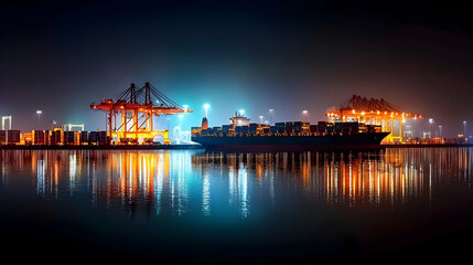 Naklejka premium Nighttime Harbor Scene Featuring Shipping Vessel Cranes Reflected Water Industrial Landscape