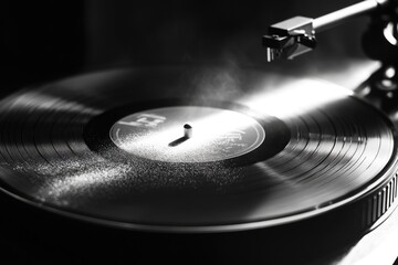 A vinyl record sits atop a vintage-style turntable, ready for playback