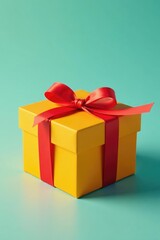 Obraz premium Brightly colored gift box with a red ribbon tied around it perfectly, wrapped gift, present box, birthday gift