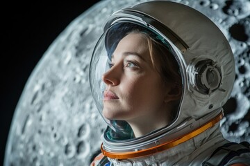 A woman in a spacesuit gazing up at the moon, perfect for space-themed or futuristic concept images