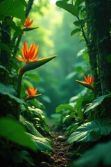 Fototapeta premium Bright orange colors bursting through green foliage, tropical, exotic