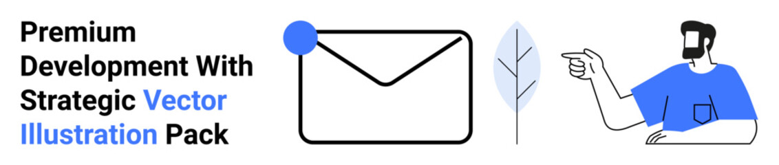 Closed envelope with notification dot, a leaf design, and a person pointing at the elements. Ideal for communication, connection, notification, marketing, support teamwork branding. Perfect