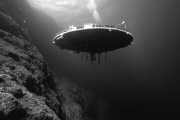 Fototapeta premium A black and white photograph of a boat floating on calm water