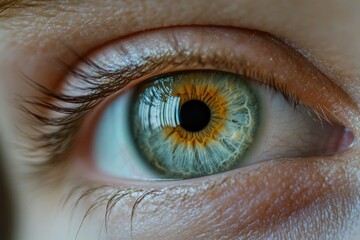 A detailed shot of a person's blue eye with eyelashes and surrounding skin