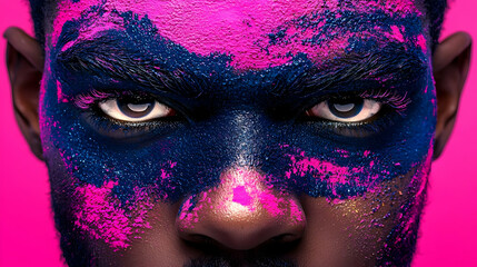 Vibrant Portrait of a Man with Colorful Face Paint against Pink Background