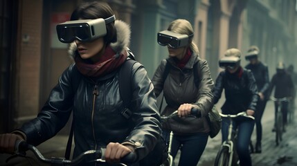 A group of cyclists utilizing cutting edge augmented reality glasses to navigate and explore their surroundings in real time enhancing their outdoor adventure and fitness experience