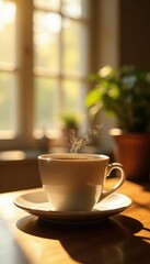 Obraz premium Soft morning light warms ceramic mug of coffee, sunlight, table, coffee