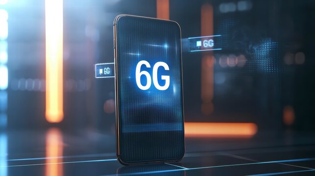 The Future of Connectivity: A sleek, futuristic smartphone displays "6G" on its screen, a symbol of the next generation of mobile technology, set against a backdrop of glowing digital lines.