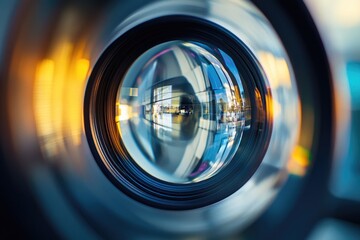 A close-up view of a camera lens with details on the glass and metal components