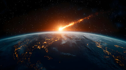 Burning Meteor Impacting Earth Across Space And Night Sky With Starry Background
