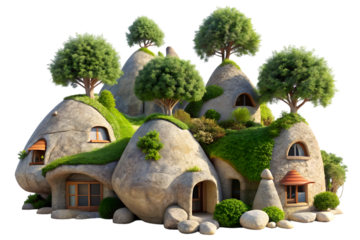 Ecological organic shaped houses made of rock with tree around on transparent background