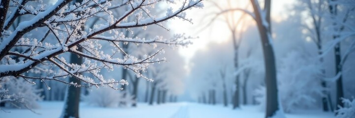 Frozen snow on bare tree branches in a winter wonderland, cold, frost, winter