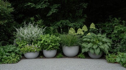 Fototapeta premium Row of modern grey planters filled with lush green plants and ornamental grasses arranged along a garden patio path.