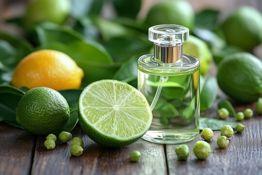 A captivating composition featuring a glass perfume bottle surrounded by fresh limes, sliced citrus, and vibrant petitgrain leaves.