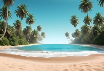 Tropical Beach with Crystal Clear Turquoise Waters, Soft White Sand, Swaying Green Palm Trees, and a Bright Blue Sky with Fluffy White Clouds on a Sunny Day in a Paradise Island Destination