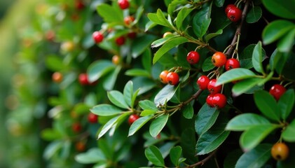 Full-grown privet hedge with an abundance of tiny, unripe berries, foliage, privet, hedge