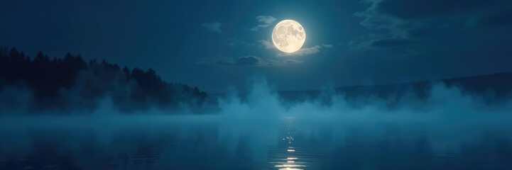 Full moon shining through misty water surface at night, mist, nighttime water