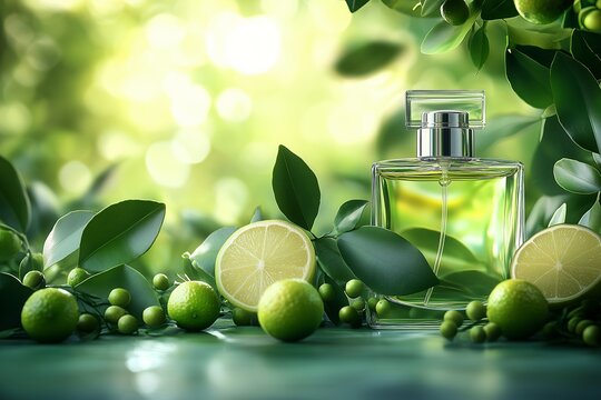 A vibrant green perfume bottle sits among fresh petitgrain leaves and unripe citrus fruits, reflecting the essence of nature.