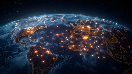 Digital Illustration of Planet Earth Illuminated At Night With City Lights Showing Global Networks