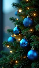 Majestic fir tree with clusters of bright blue glass ornaments suspended from its branches under sparkling string lights, blue baubles, glowing evergreen, festive atmosphere