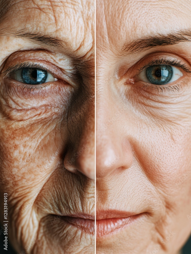 Poster transformation of aging into youthfulness through skin rejuvenation techniques showcased on a split 