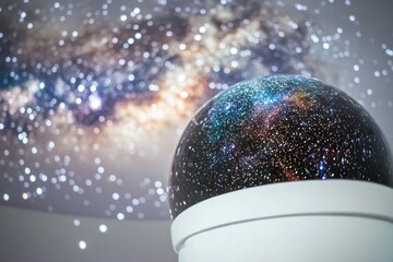 A detailed view of a spherical object with a distant galaxy in the background, suitable for use in scientific or educational contexts