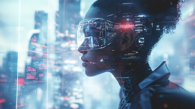 Vision of Tomorrow: A futuristic woman wearing high-tech glasses stares out at a cityscape.
