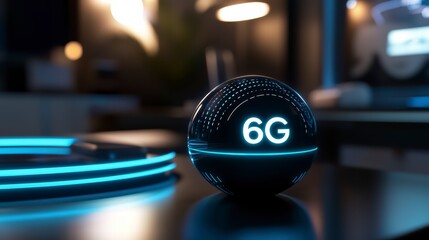 A Glimpse into the Future: A sleek, futuristic sphere, emblazoned with "6G," pulsates with a soft glow in a modern, tech-savvy environment, hinting at the evolution of connectivity.