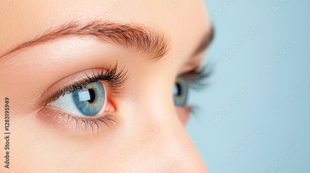 Poster bright blue eyes shine with curiosity and warmth, framed by delicate lashes. the soft pastel backgro