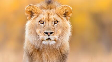Fototapeta premium Young lion portrait, autumn savanna background, wildlife photography, for nature documentaries