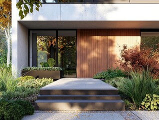 Modern home facade with entrance, front door and view to the garden