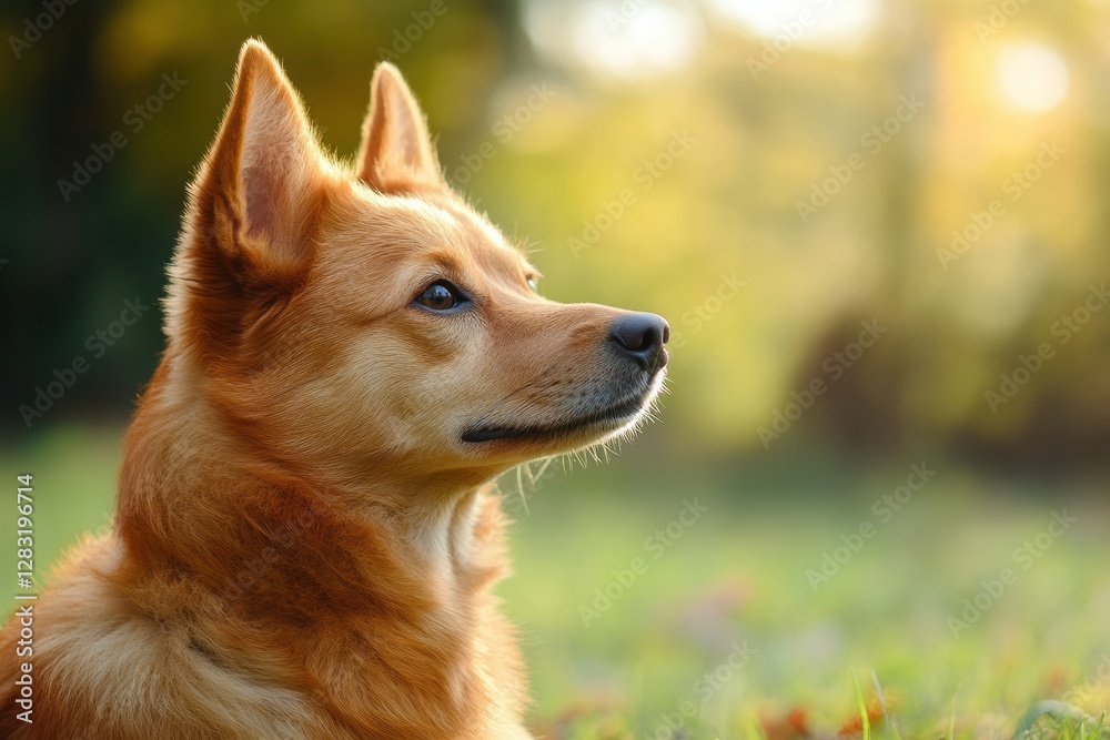 Aufkleber golden dog sitting in the grass with a calm expression during a sunny afternoon in a tranquil outdoo