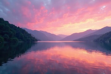 Fototapeta premium Soft hues of pink and orange illuminate the lake's surface as morning breaks, lake, atitlan, gentle
