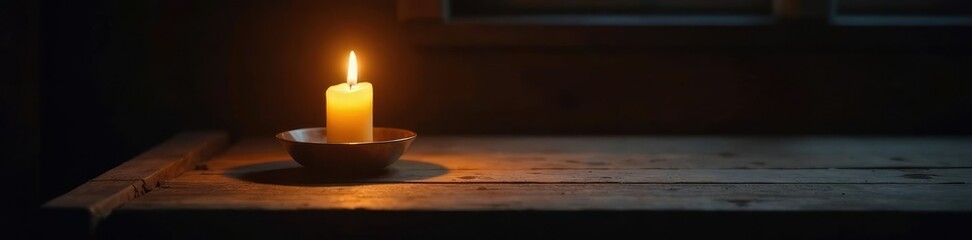 Soft light from a burning candle illuminates a simple wooden table in the dark, rustic, serene, solitude