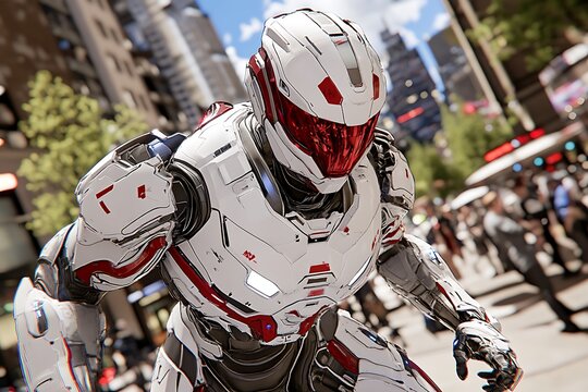 Advanced White and Red Exoskeleton in Urban Setting