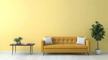 Yellow Wall And Yellow Sofa With Pillows In Modern Living Room With Plant And Table