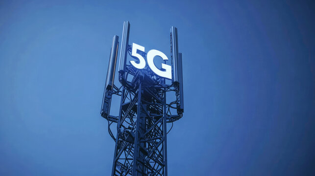 5G cell tower illuminated against a clear blue sky during evening hours