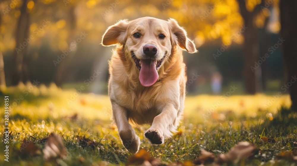 Poster golden retriever joyfully runs through a sunlit autumn park with colorful foliage in the background.