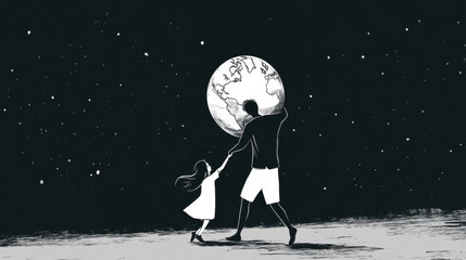 Obraz premium A whimsical black-and-white illustration of a parent and child holding hands, with the Earth above them, symbolizing love and responsibility.
