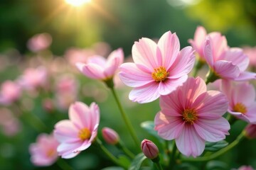Fototapeta premium Soft pastel pink flowers blooming in a garden, blossom, garden, floral