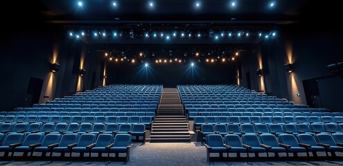 Obraz premium Empty Auditorium Seats Await Audience: Cinematic Experience in Modern Theater with Blue Upholstery, Stage Lighting, and Sound System