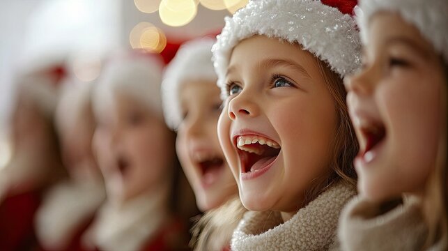Group of children's choir singing Christmas carols, joyful expressions of happiness and music, perfect for holiday events, family gatherings, and seasonal celebrations.