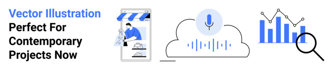 Mobile device with online store, cloud with voice recognition waveforms, and analytics bar graph magnified by a lens. Ideal for technology, e-commerce, cloud services, data analysis, innovation