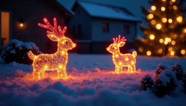 Un gruppo di luci a LED con forme di animali nel giardino, natale, stagione invernale, decorazioni festive