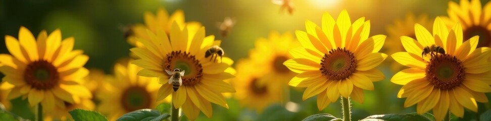 Fototapeta premium Vanilla bean clusters with blooming sunflowers, garden, bees