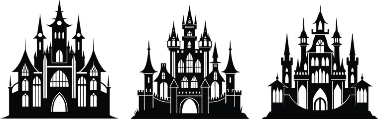 Gothic Architecture Silhouette, Black Gothic Castle Icon Vector on White Background.