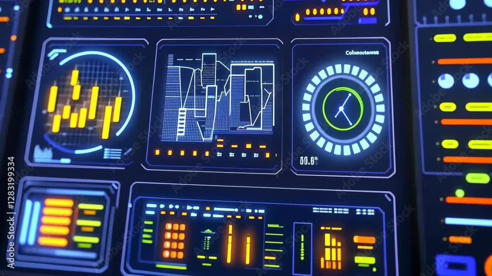 Poster futuristic digital dashboard advanced data visualization with graphs, charts, and gauges in vibrant 