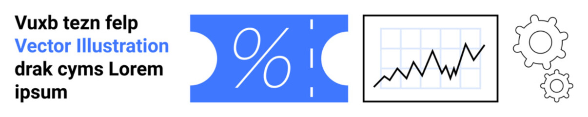 Ticket with percent sign, line graph, two gears for process optimization, growth, and savings. Ideal for marketing, sales, analytics, finance business strategy e-commerce promotions abstract line