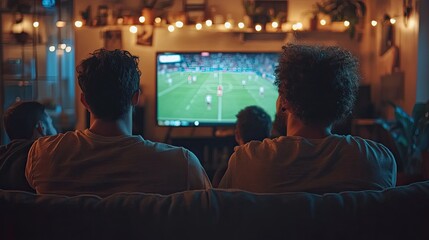 Group of friends watching football match on TV together, cheering for their team, back view of diverse group enjoying sports in cozy home setting, ideal for team spirit moments.